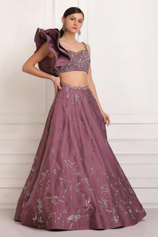 Purple sequin embellished crop top skirt set