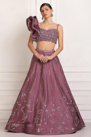 Purple sequin embellished crop top skirt set