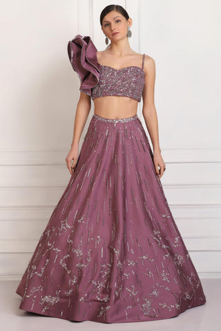 Purple sequin embellished crop top skirt set