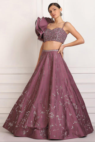 Purple sequin embellished crop top skirt set