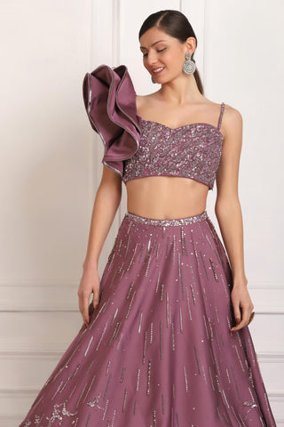 Purple sequin embellished crop top skirt set