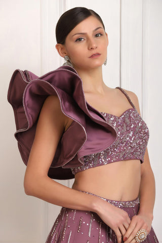 Purple sequin embellished crop top skirt set