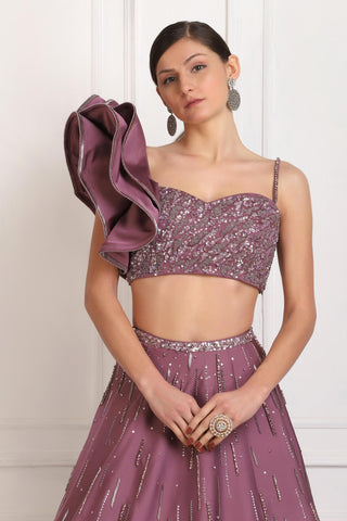 Purple sequin embellished crop top skirt set