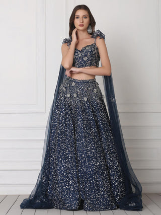 Blue crystal and 3d flower embellished lehenga set