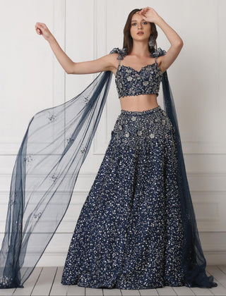 Blue crystal and 3d flower embellished lehenga set