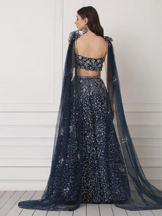 Blue crystal and 3d flower embellished lehenga set