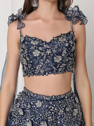 Blue crystal and 3d flower embellished lehenga set