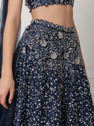 Blue crystal and 3d flower embellished lehenga set