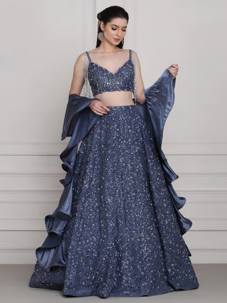 Blue crystal and katdana lehenga set