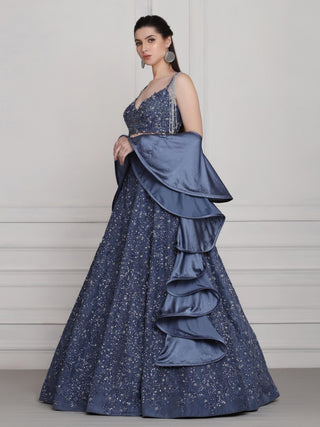 Blue crystal and katdana lehenga set