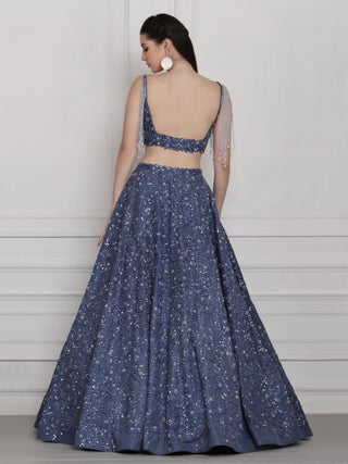 Blue crystal and katdana lehenga set