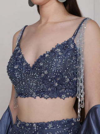 Blue crystal and katdana lehenga set