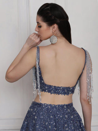 Blue crystal and katdana lehenga set