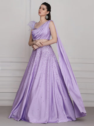 Purple draped blouse and skirt set