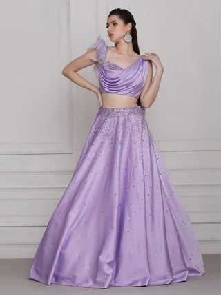Purple draped blouse and skirt set
