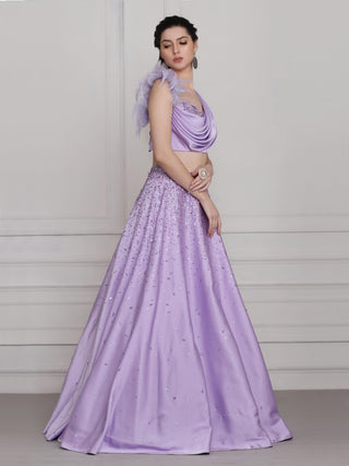 Purple draped blouse and skirt set