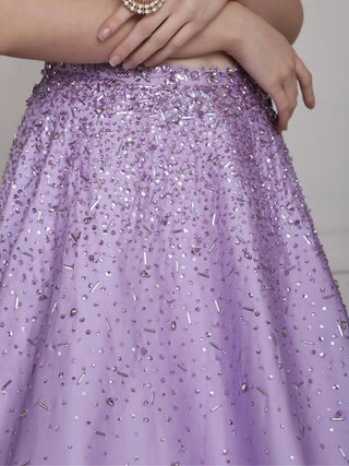 Purple draped blouse and skirt set