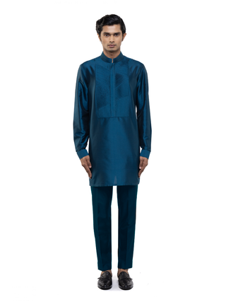 Blue pleated placket kurta set