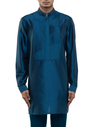 Blue pleated placket kurta set