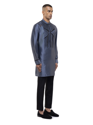 Gray & black pleated accents kurta set