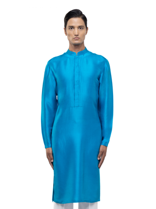 Blue silk pleated placket kurta set