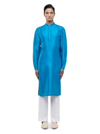 Blue silk pleated placket kurta set