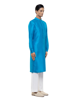 Blue silk pleated placket kurta set