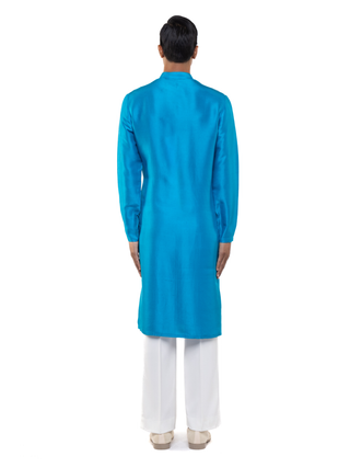 Blue silk pleated placket kurta set