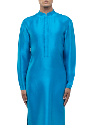 Blue silk pleated placket kurta set