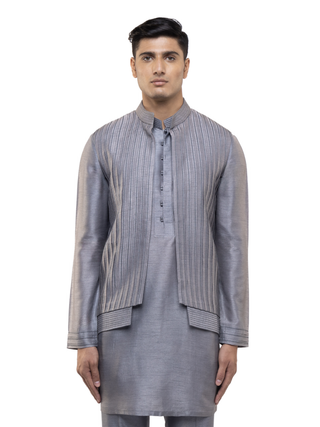 Gray pleated open kurta bandi set