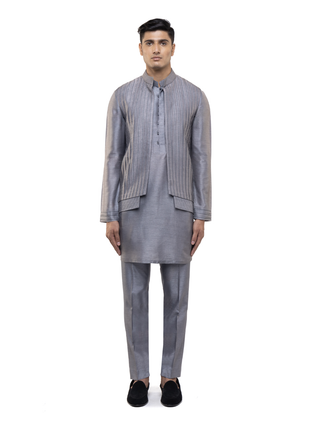 Gray pleated open kurta bandi set