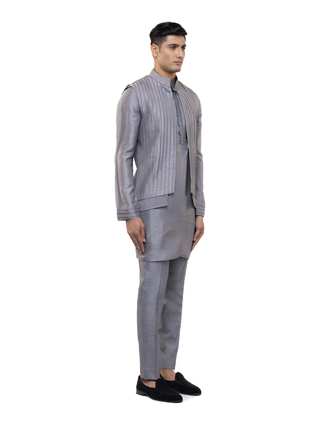 Gray pleated open kurta bandi set