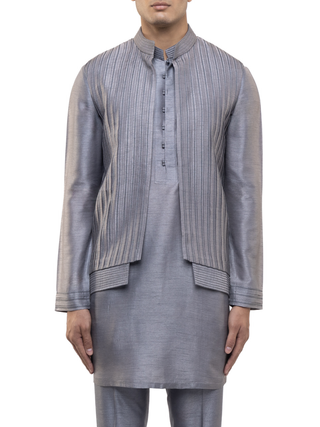 Gray pleated open kurta bandi set
