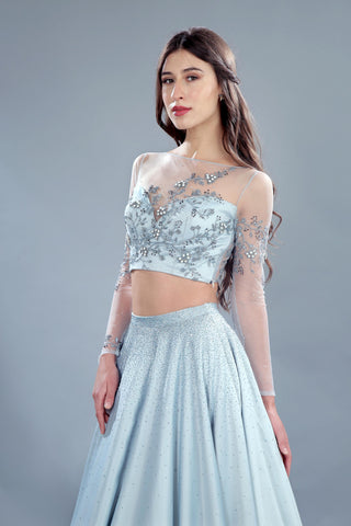 Light blue sheer back embellished crop top and skirt set