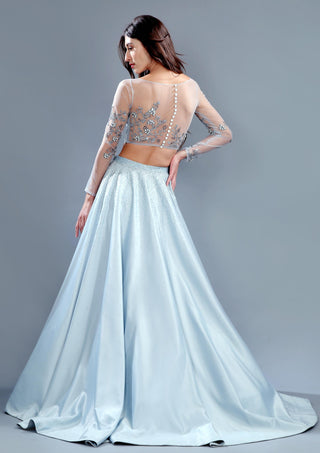 Light blue sheer back embellished crop top and skirt set
