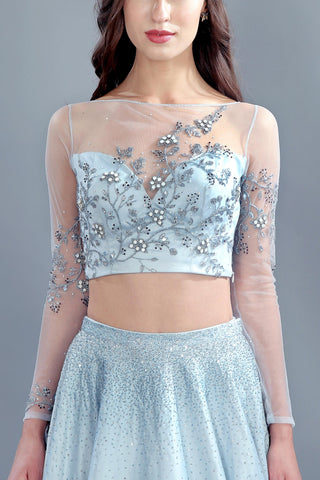 Light blue sheer back embellished crop top and skirt set