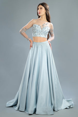 Light blue sheer back embellished crop top and skirt set