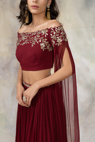 Maroon off shouldered cape sleeve crop top and skirt set