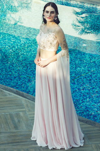 Light pink katdana and sequin embellished cape sleeve crop top skirt set