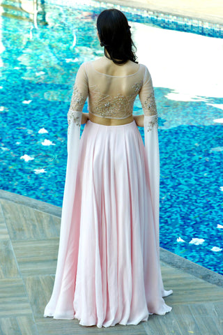 Light pink katdana and sequin embellished cape sleeve crop top skirt set