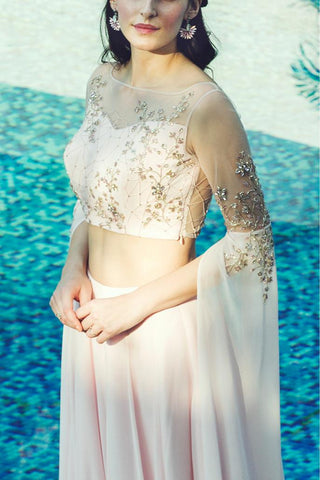 Light pink katdana and sequin embellished cape sleeve crop top skirt set