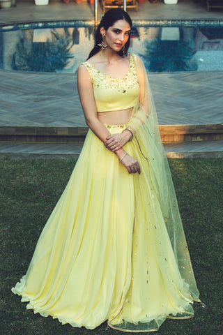 Lemon yellow floral and texture embroidery lehenga set