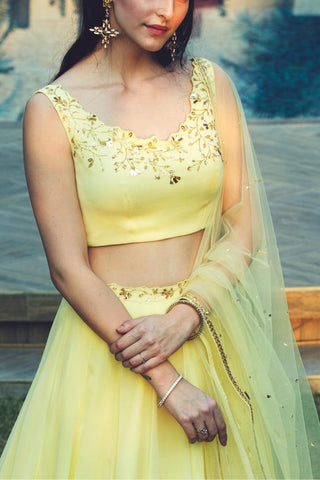 Lemon yellow floral and texture embroidery lehenga set