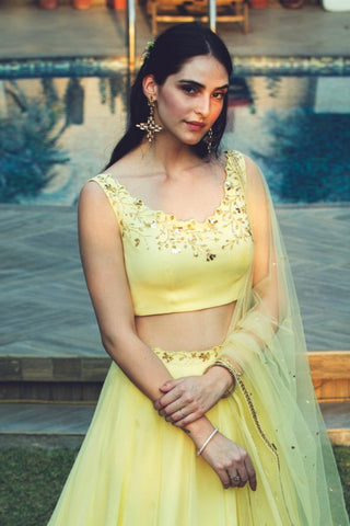 Lemon yellow floral and texture embroidery lehenga set