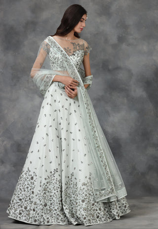 Green katdana and beads embellished floral design lehenga set