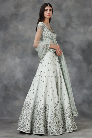 Green katdana and beads embellished floral design lehenga set