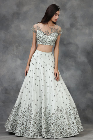 Green katdana and beads embellished floral design lehenga set