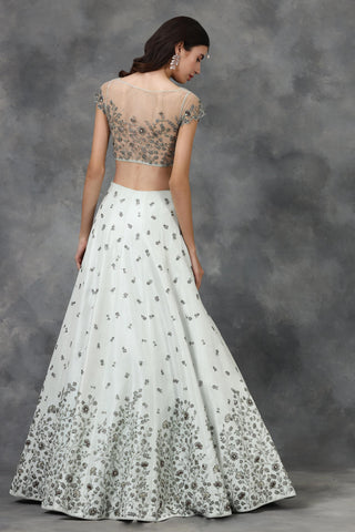 Green katdana and beads embellished floral design lehenga set