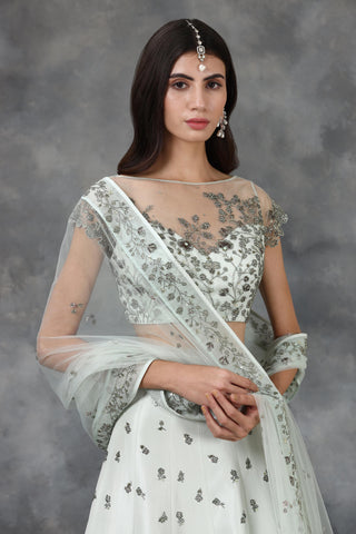 Green katdana and beads embellished floral design lehenga set