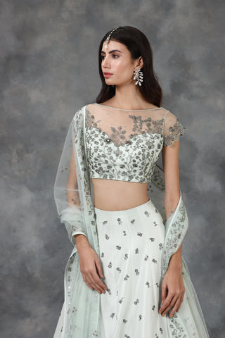 Green katdana and beads embellished floral design lehenga set